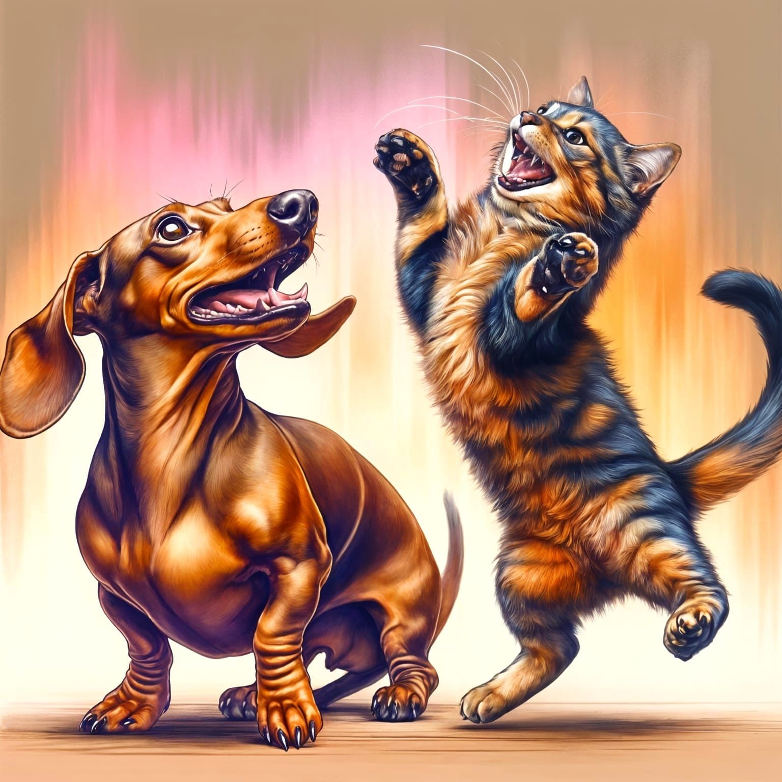 Joyful Dachshund and Hissing Cat in Whimsical Airbrushed Ill...