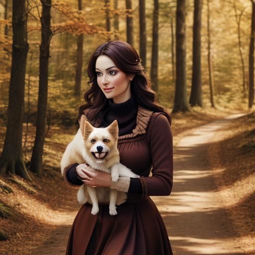 Autumn Princess with Dog in Forest