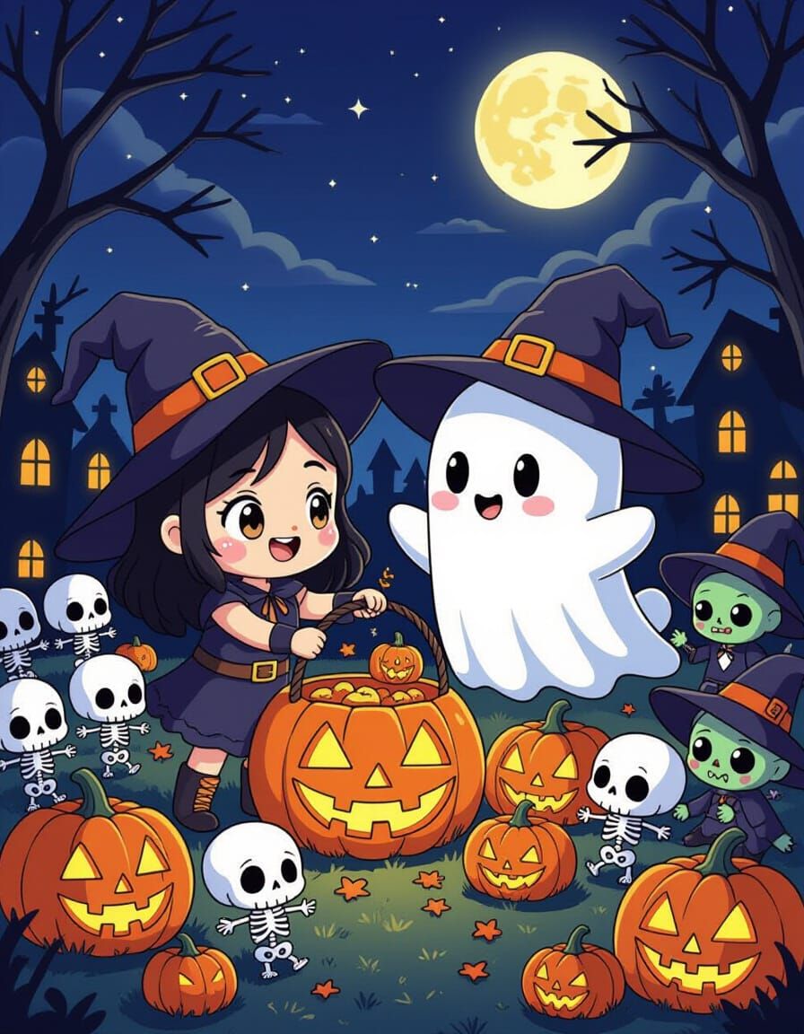 Cute Halloween Voodoo Doll & Ghost Harvest Pumpkins