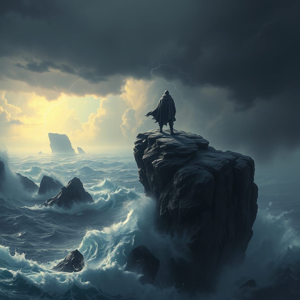 Figure on Floating Island in Stormy Seas