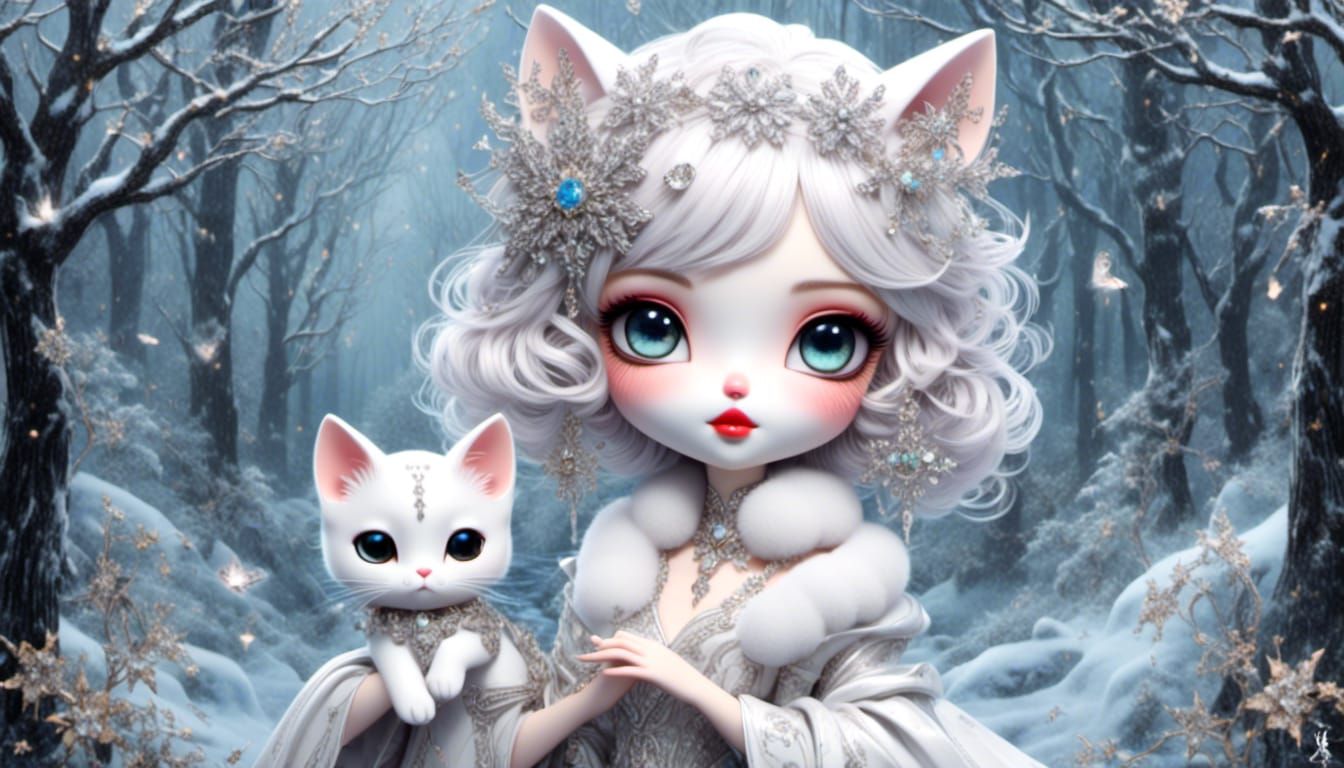 <lora:Dolls alike:1.0> <lora:dreamy:1.0> Fluffy white chibi chibi cat, in a old ford card,snowy forest,glamorous lady