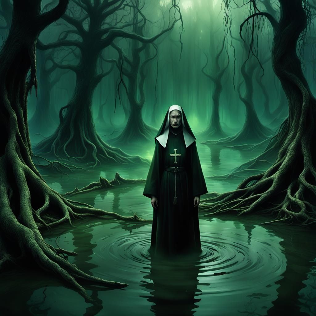 Eerie Nun Emerges from Dark Swamp: Dark Fantasy