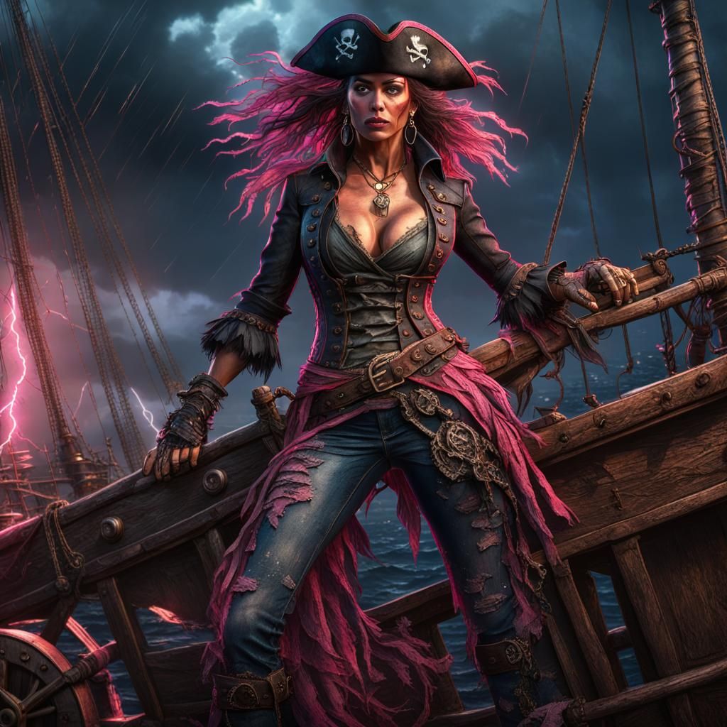 Female Pirate in Neon Pink Storm, Comic Book Art