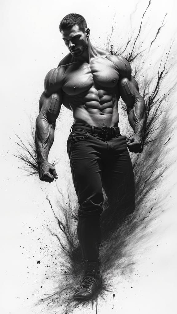 Explosive Hyper-Masculine Figure in Dynamic Mixed Media