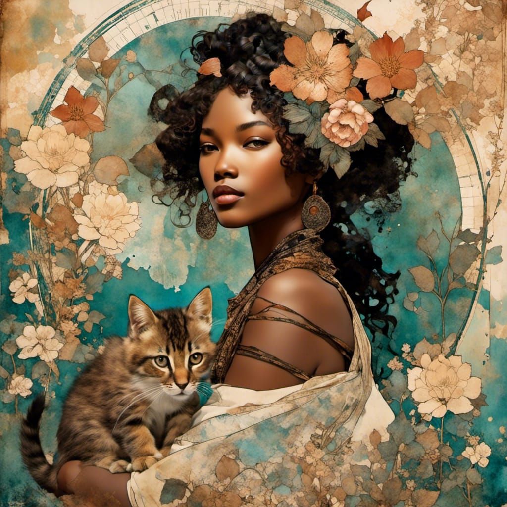 Melanin Girl with Kittens in Art Nouveau Scrapbook Page