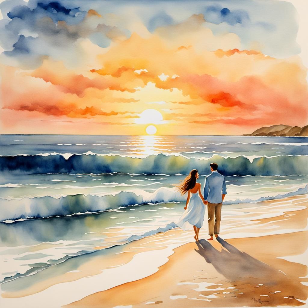 Serene Honeymoon at Sunset in Watercolor Style