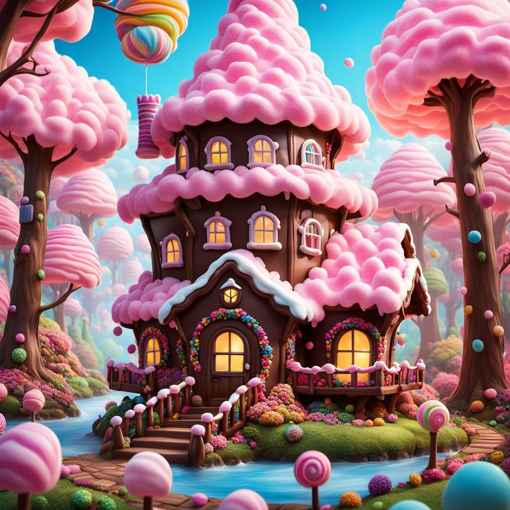 Chocolate house in a forest of cotton candy trees
