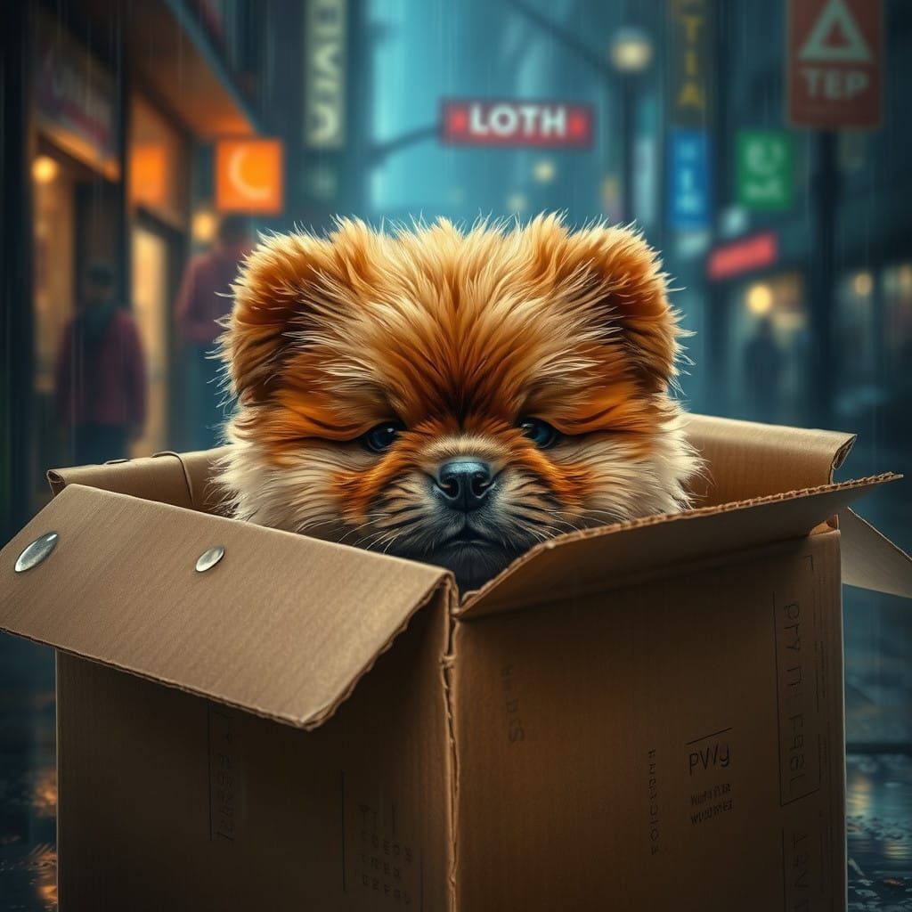 Fluffy Chow Chow Seeks Shelter from Rain in Cozy Cardboard B...