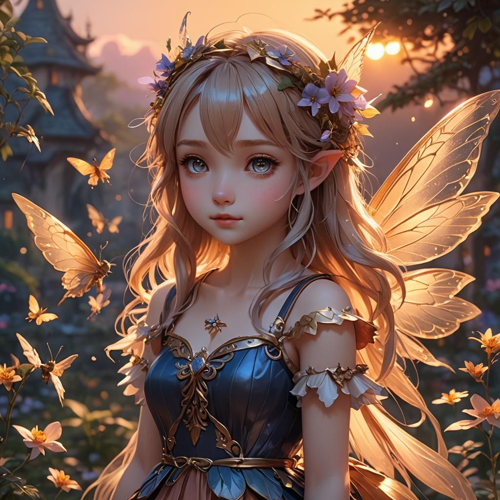 Cute Fairy in Sunset: 3D Anime Art