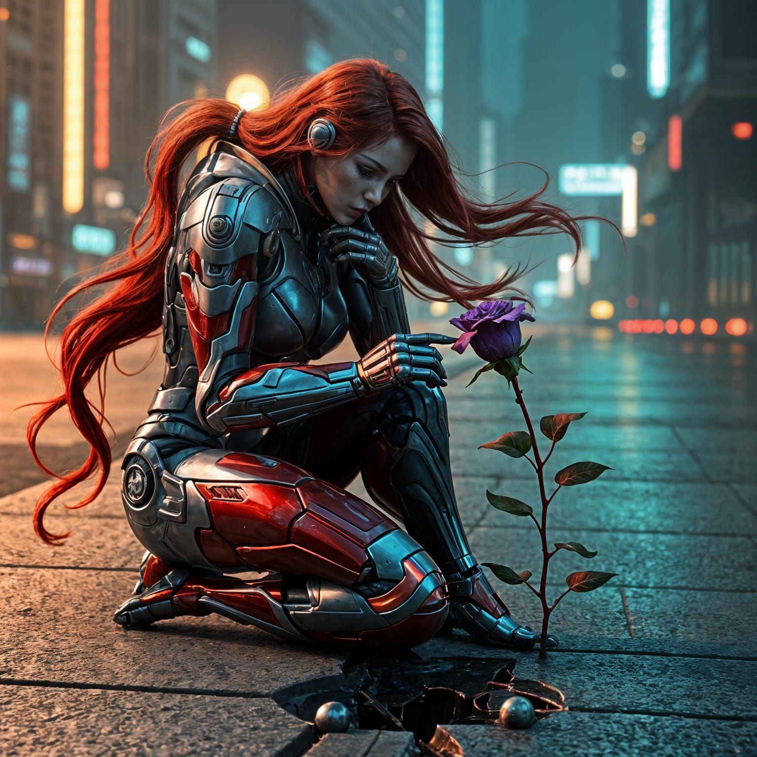 Mecha Woman Observes Violet Rose in Sci-Fi City