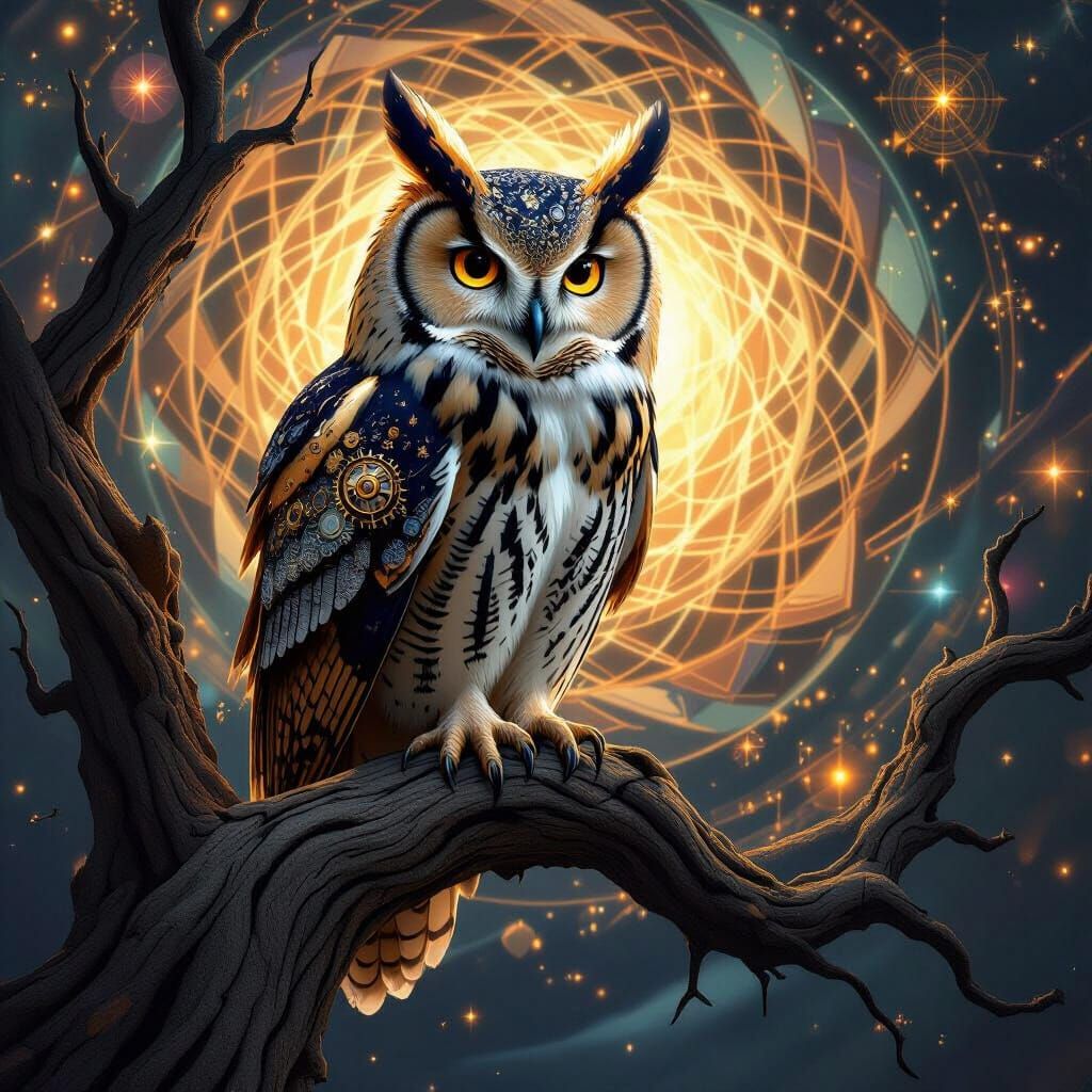 Majestic Steampunk Owl with Gears on Ancient Branch