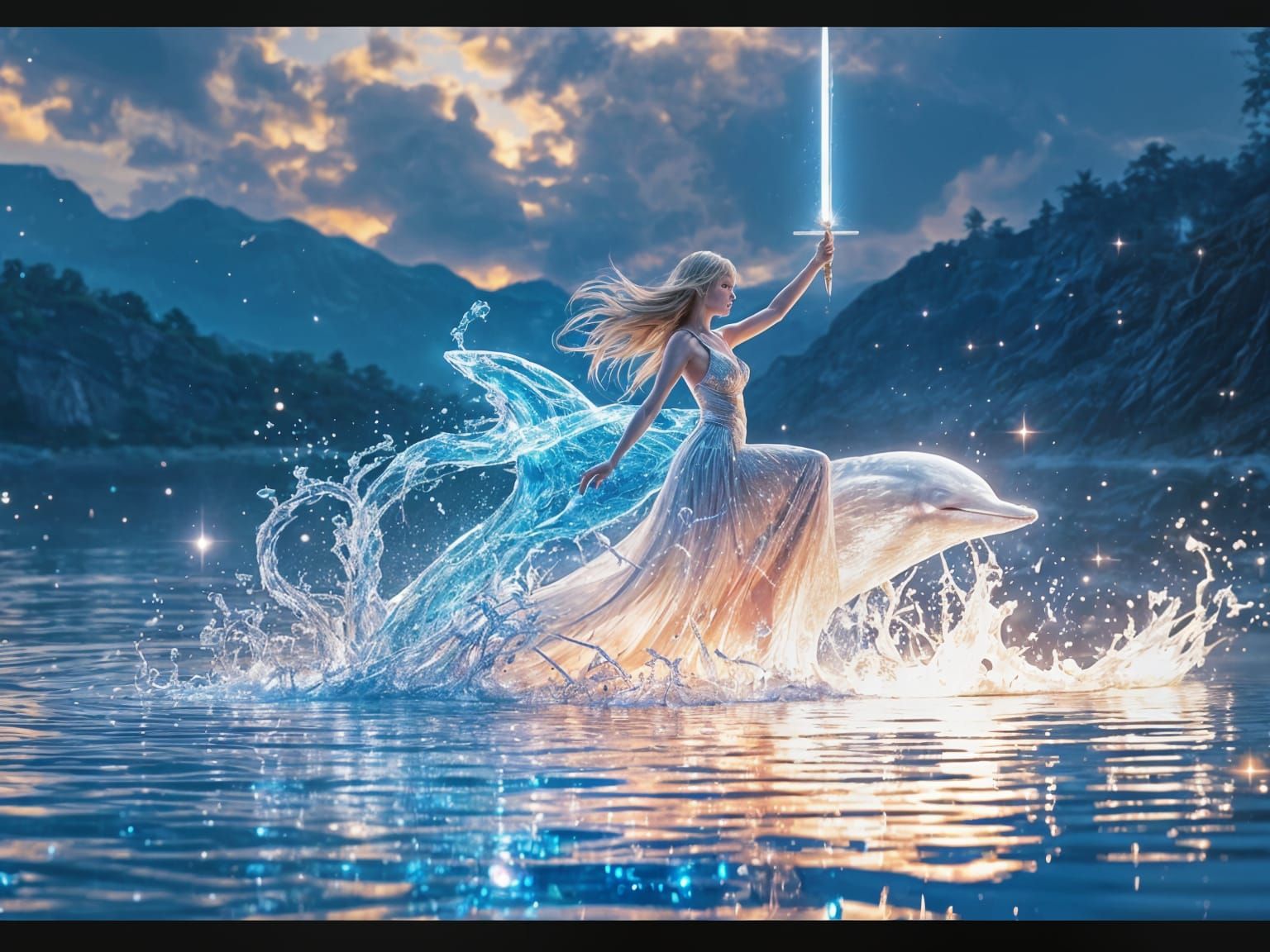 Ethereal Goddess Emerges from Twinkling Blue Waters