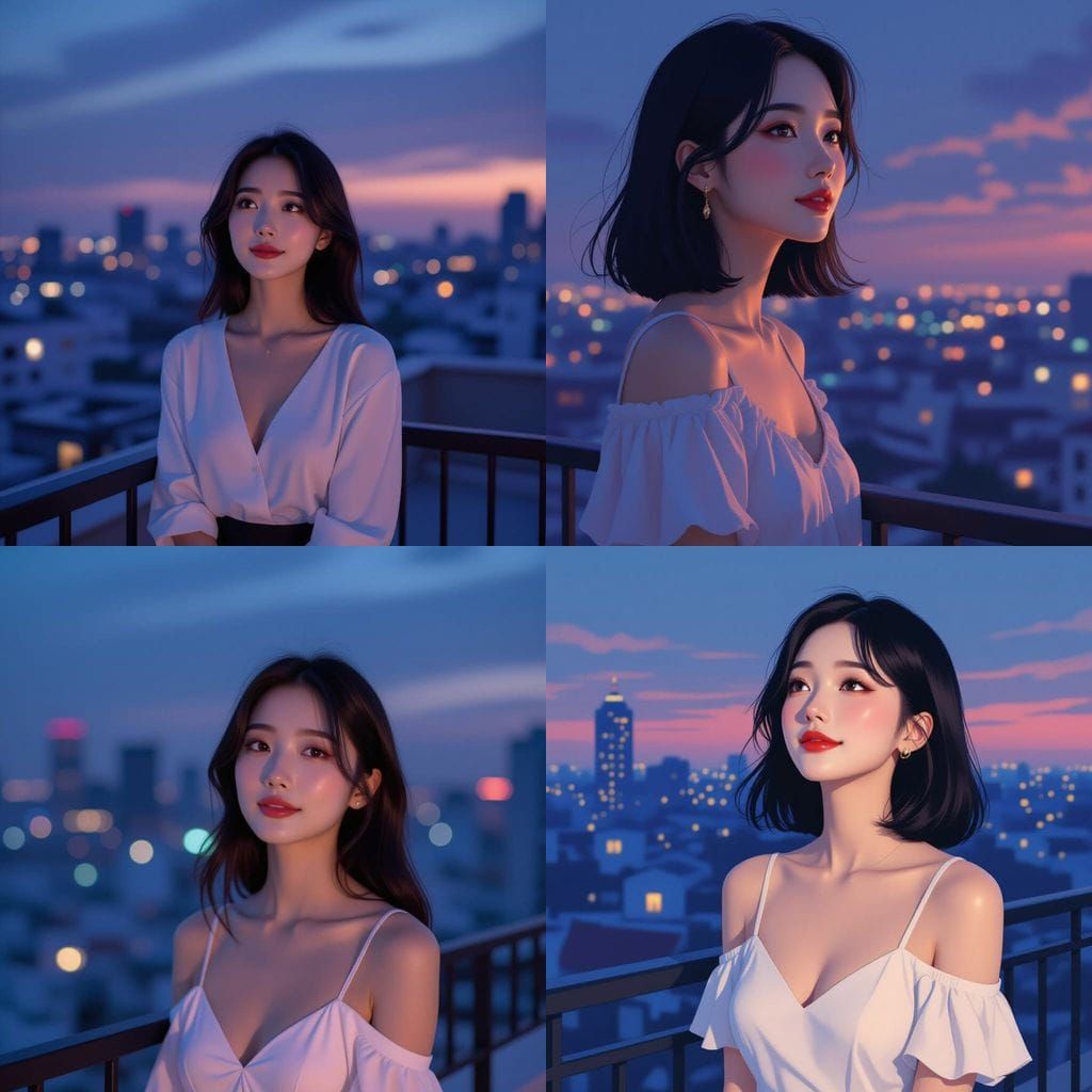 Twilight Rooftop Scene with Woman Gazing Skyward