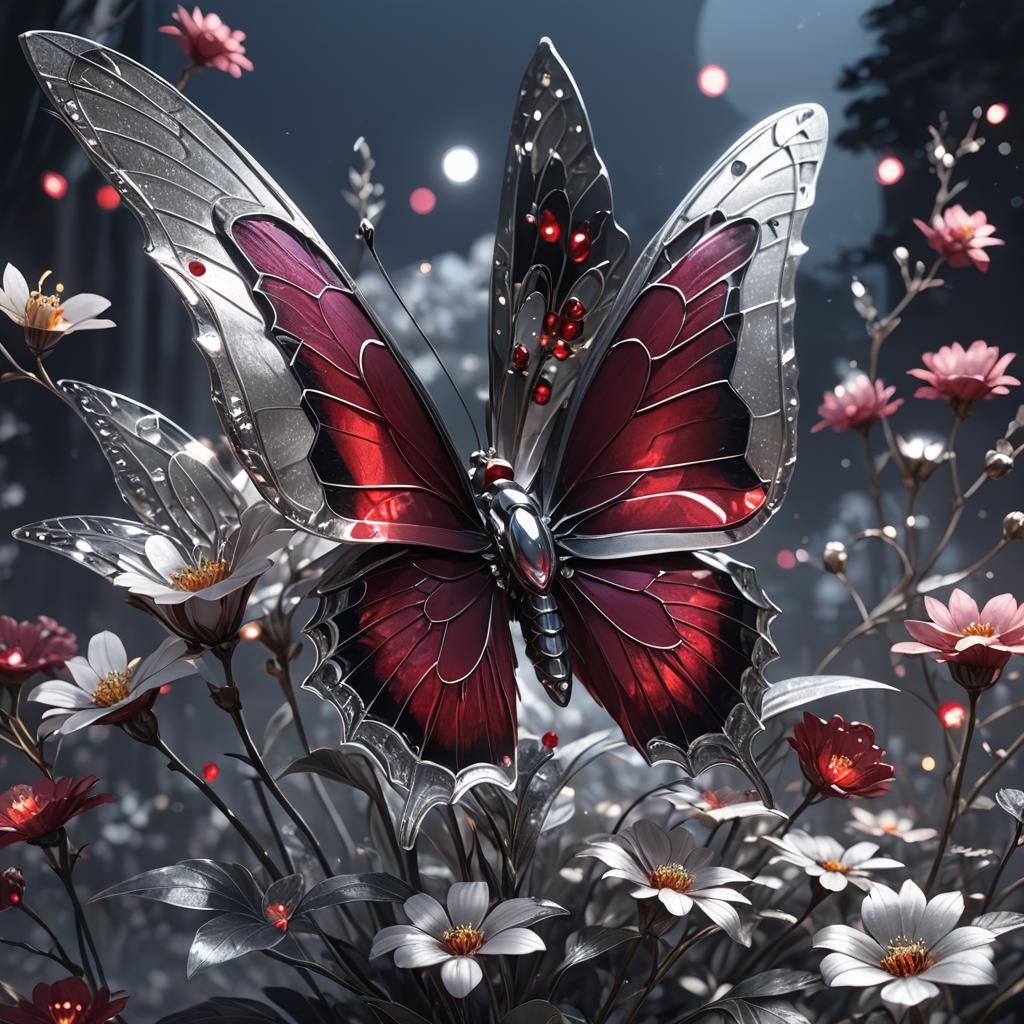 Ruby Butterfly on Silver Flower: 3D Anime Art