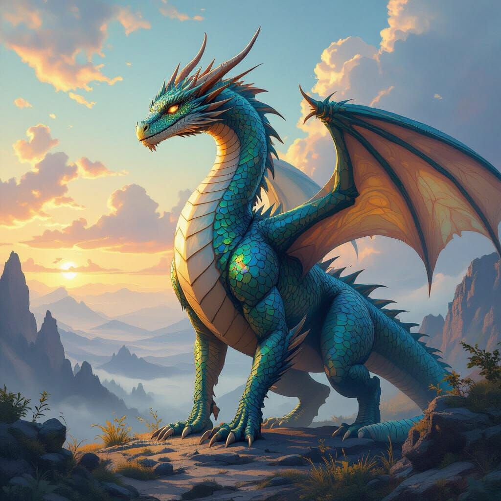Iridescent Dragon in Mythical Realm with Vibrant Colors