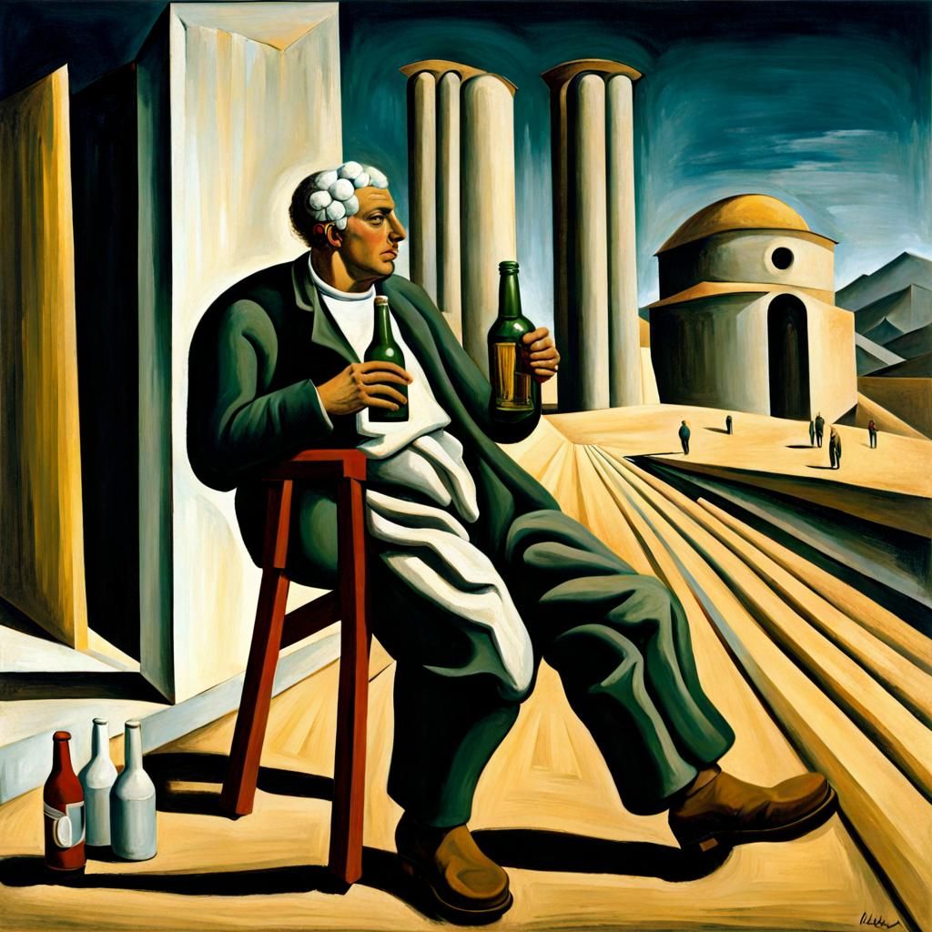 Man Uses Beer Bottle as Crutch in Metaphysical Painting