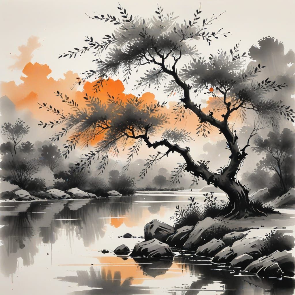 Traditional Chinese Willow Tree Painting with Sunset Glow