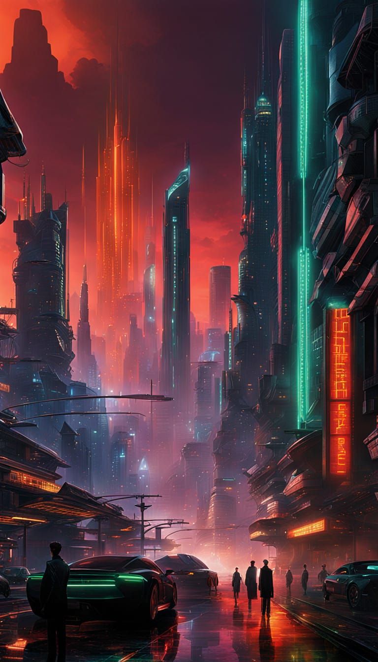 Surreal Cyberpunk Metropolis Illuminated by Neon Lights at N...