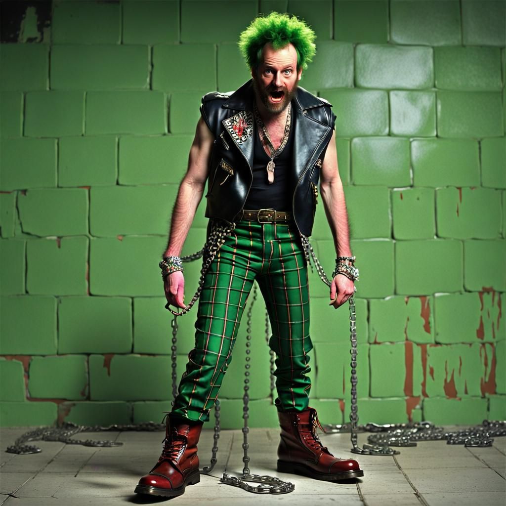 Kenny Everett as Gizzard Puke the Punk, green mohawk, torn t...