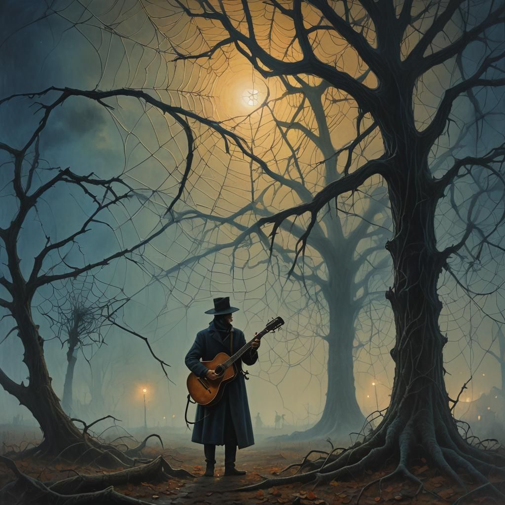 Misty Halloween Night Guitar Player in Dark Fantasy Art