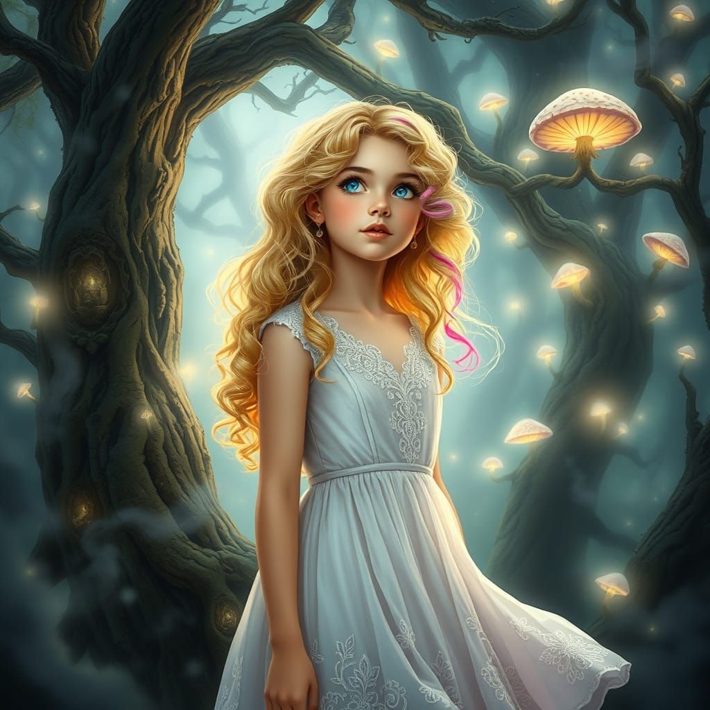 Magical Girl in Whimsical Forest, Blending Fantasy and Reali...
