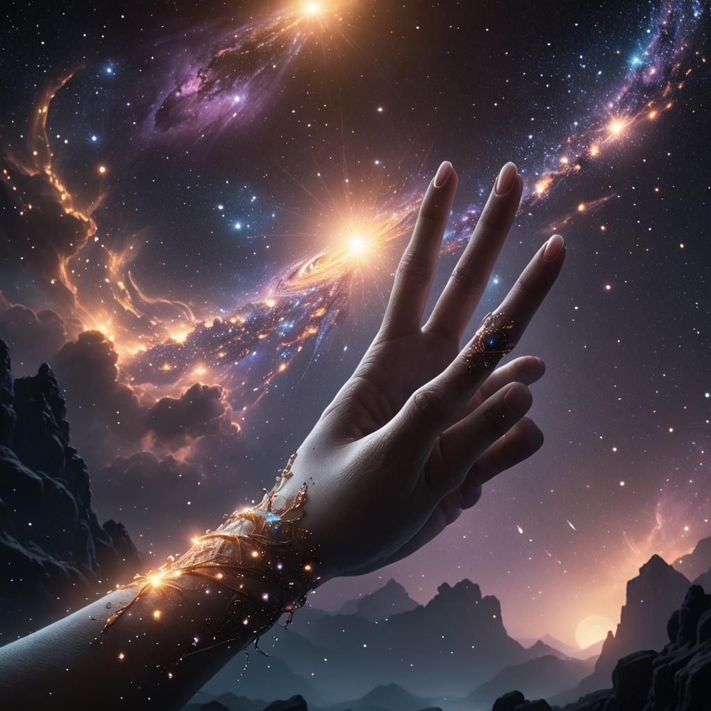 Ethereal Hand Reaching for Celestial Body