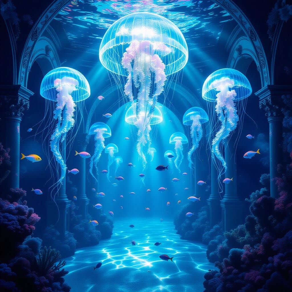 Surreal Underwater Ballroom with Jellyfish Chandeliers