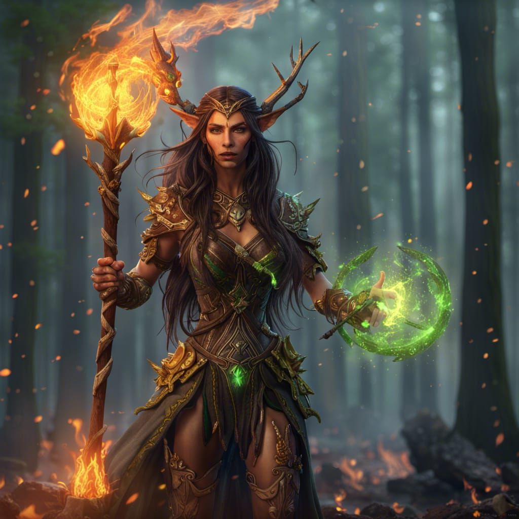 Druidic Wood Elf with Fire Spirit, in Mixed Media Style
