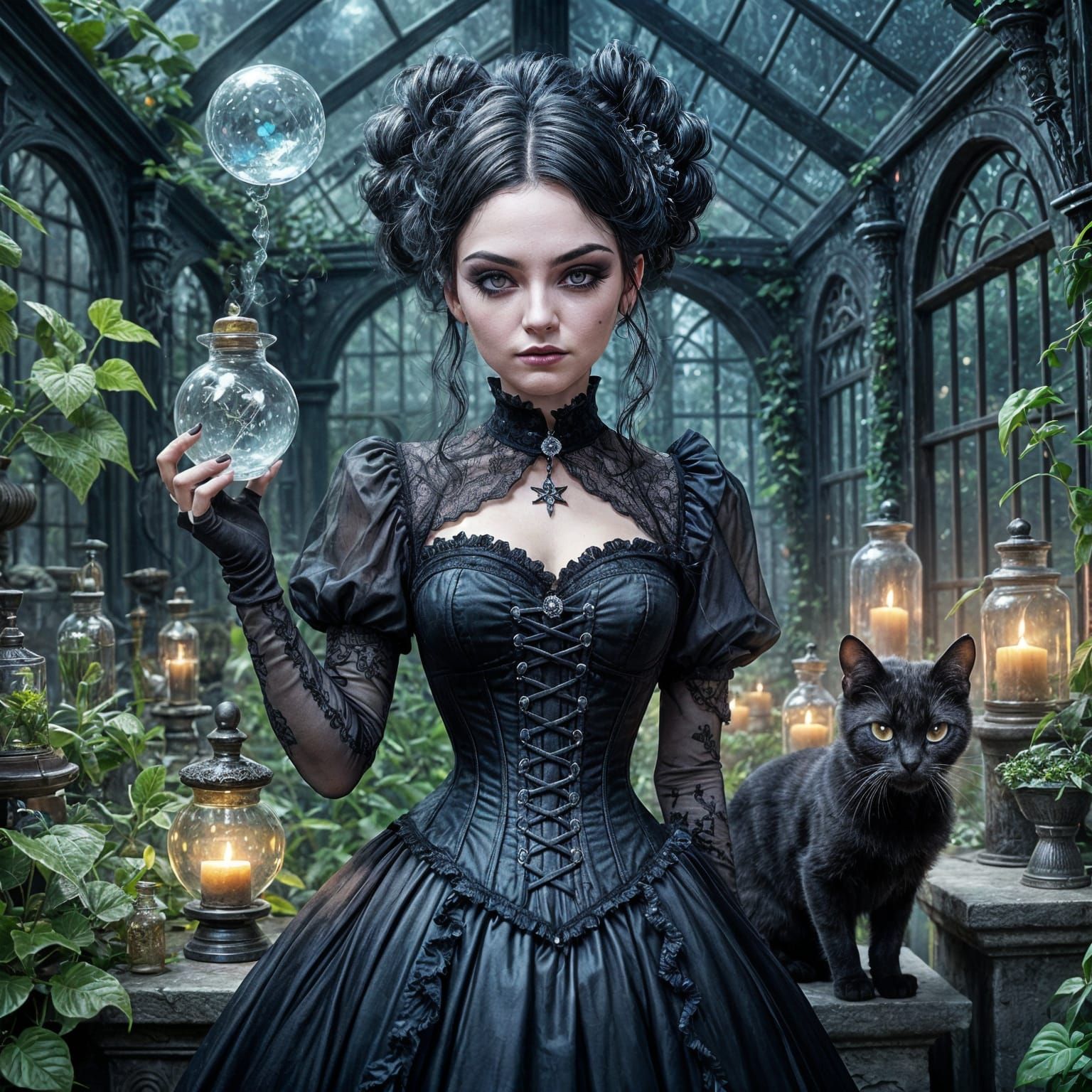 Adorable Witch Apothecary in Sunlit Greenhouse