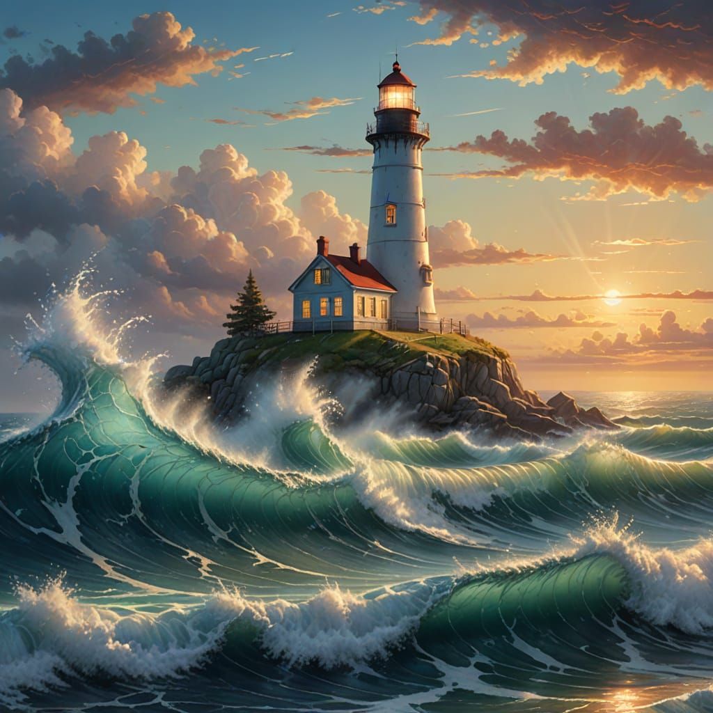 Ethereal Lighthouse in Crystal Cube: Dreamy Oceanic Scene