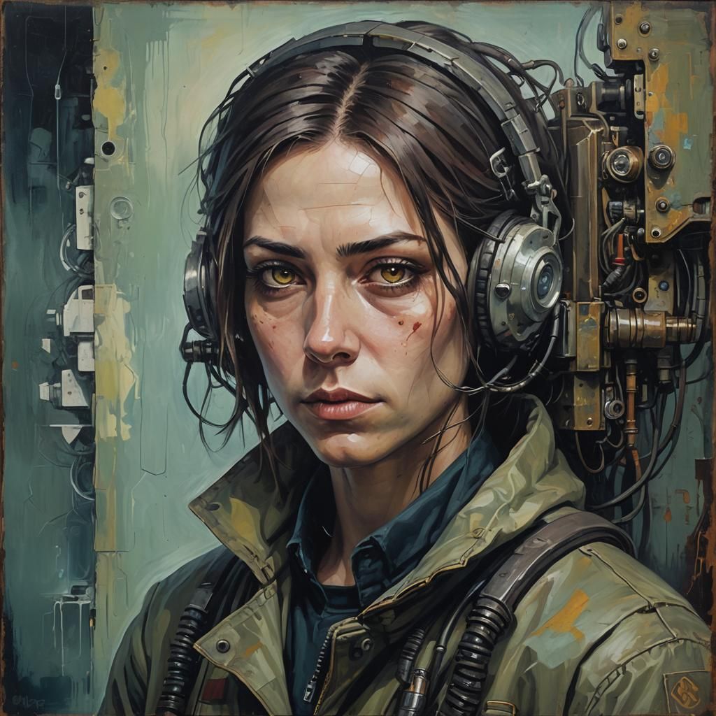 Mysterious Technician Portrait in Dystopian Grunge Style