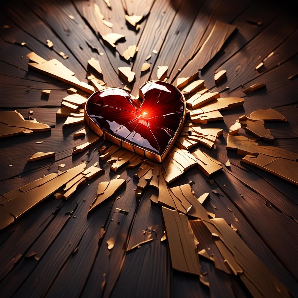Hyperrealistic Broken Heart on Wooden Table