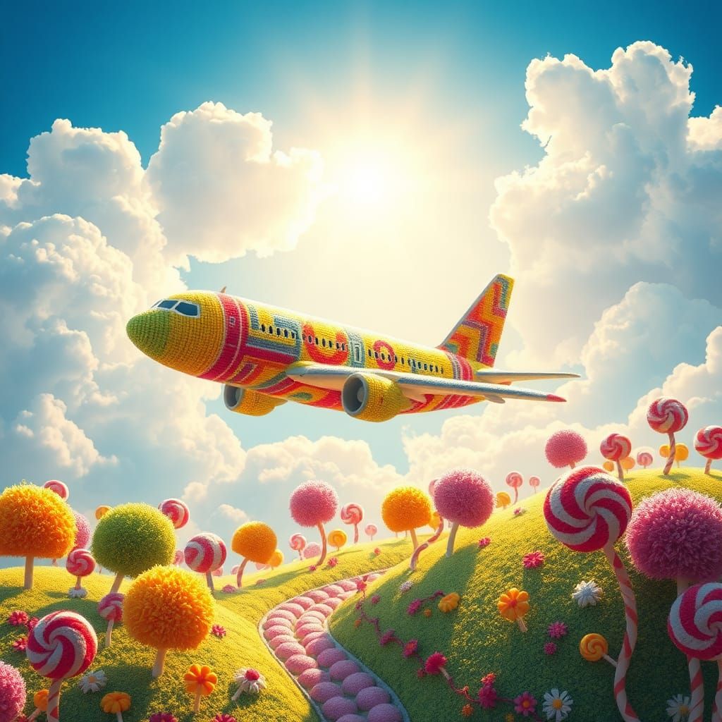 An avioliner artfully made entirely out of colorful knitting threads. Candy art style! Whimsical playful colorful! candy...