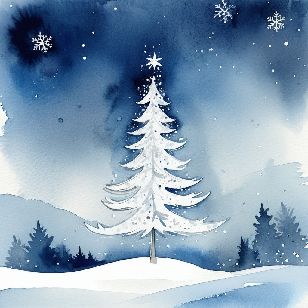 Modern Christmas Tree Watercolour Illustration in Blues and...