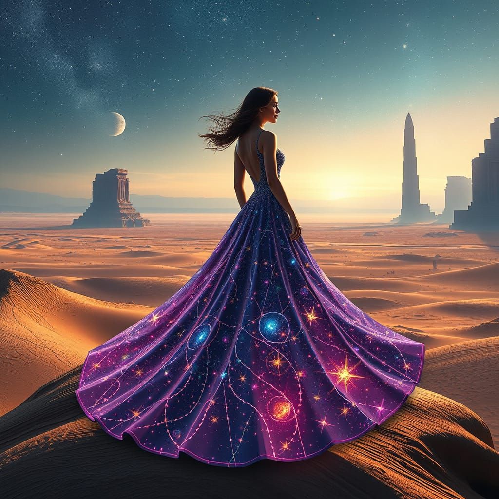 Cosmic Dress Woman in Surreal Desert Landscape