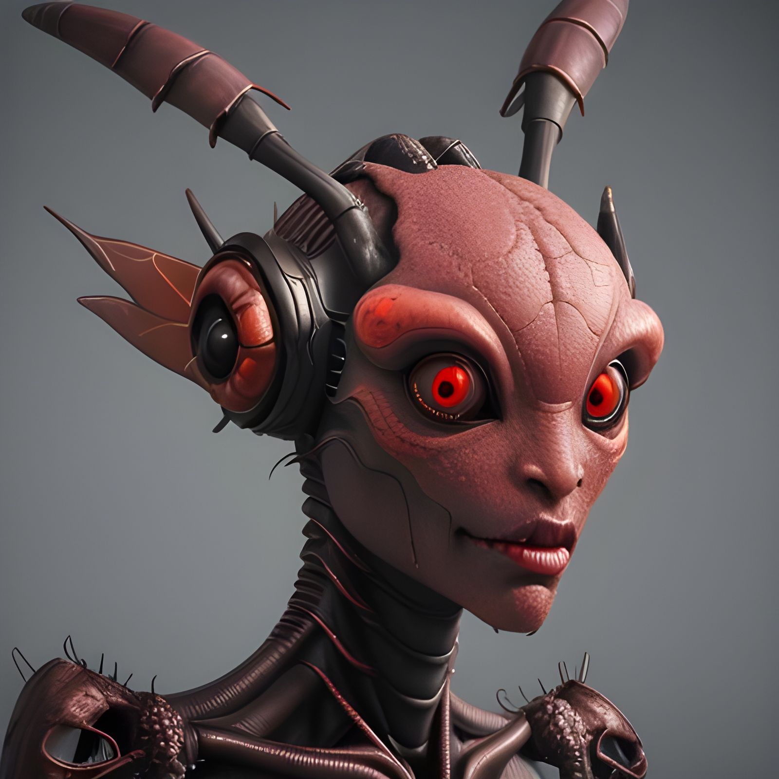 Menacing Red Alien Insectoid Head in 3D