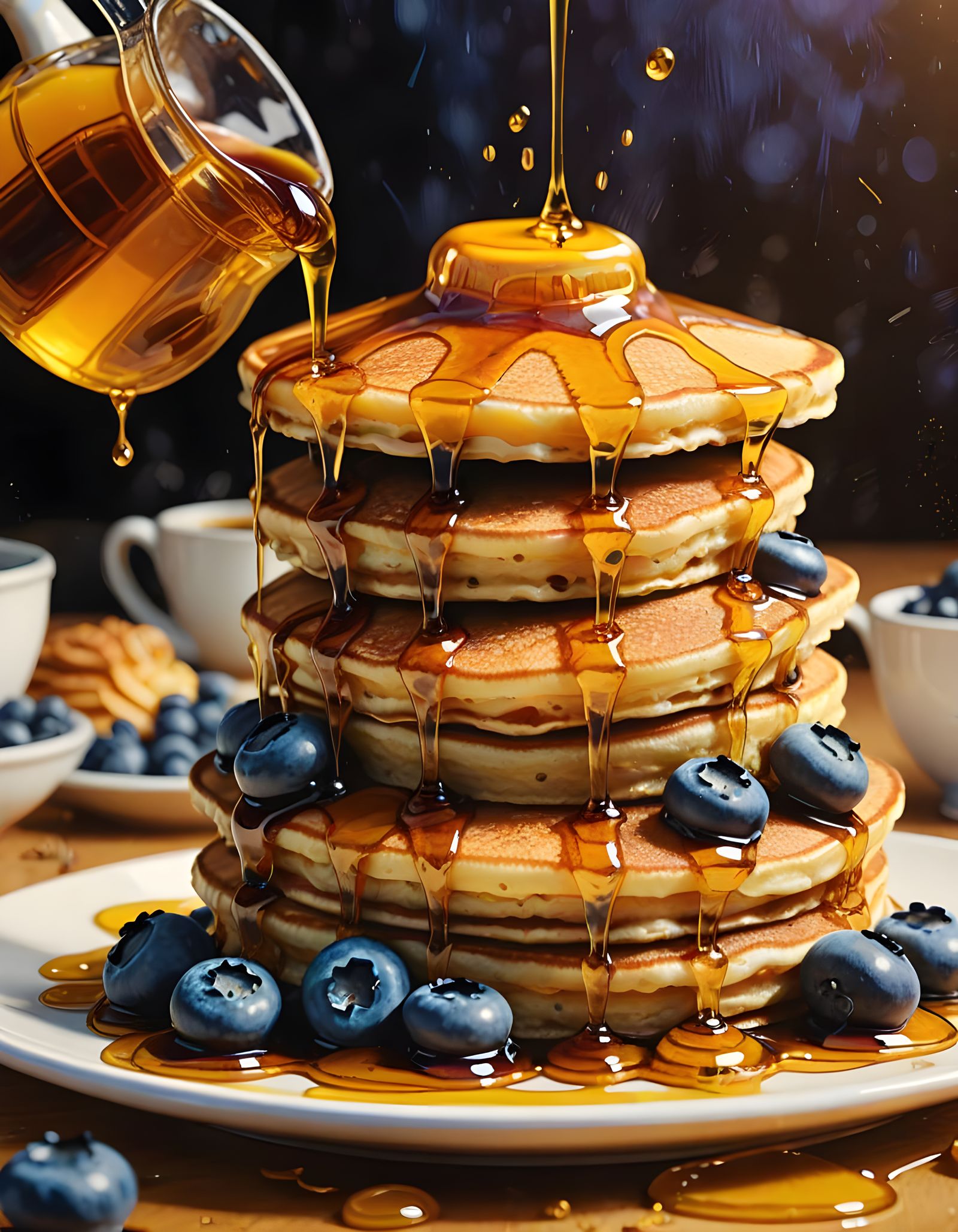 Delicious Pancake Stack with Blueberries and Honey