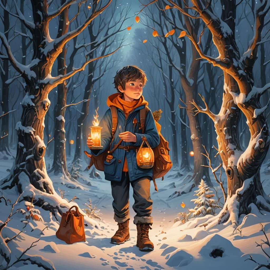 Boy with Candle in Snowy Forest Concept Art