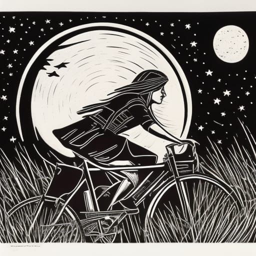 Linocut Print: Woman Cycling Under the Moon