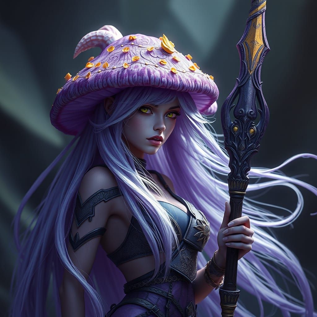 Ethereal Purple Mushroom Goddess in Dark Fantasy Style