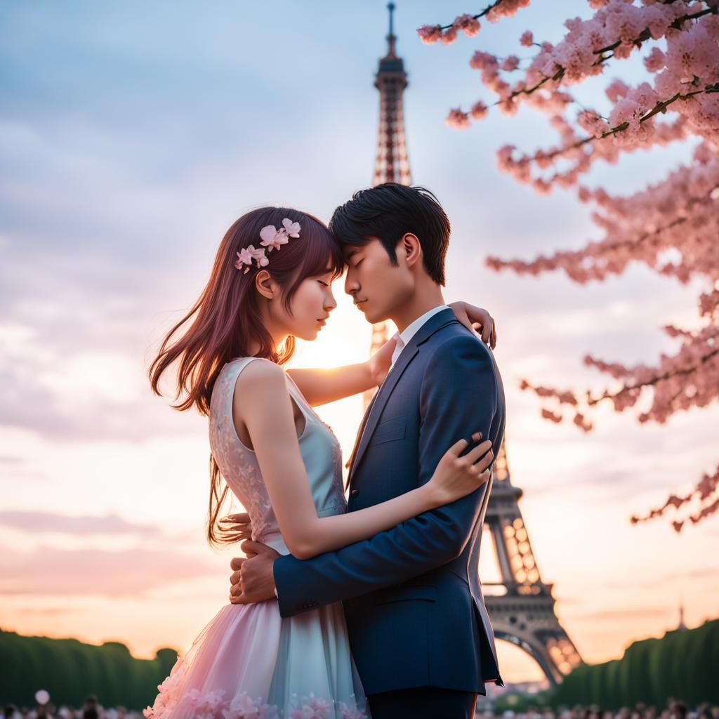 Romantic Anime Couple at Eiffel Tower in Pastel Colors