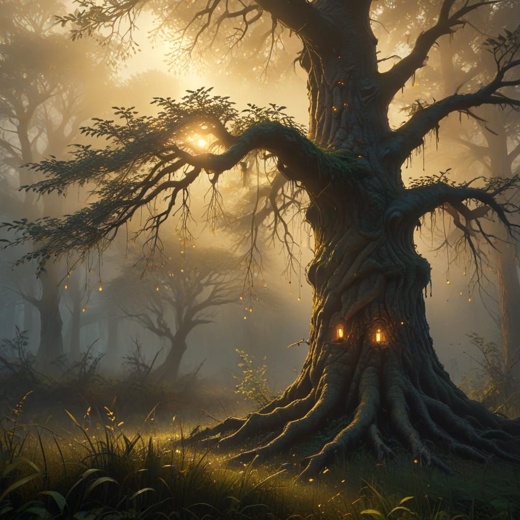 Ethereal Tree Surrounded by Mystical Mist