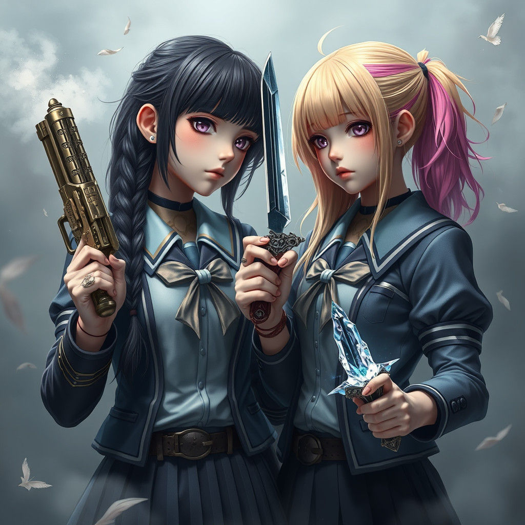 Girls Duel with Gun and Knife in Dreamy Landscape