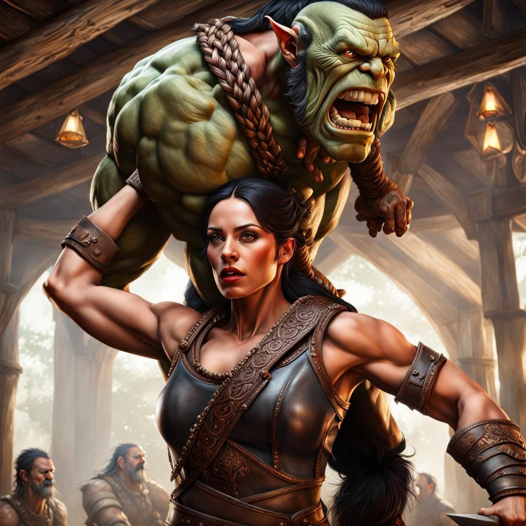 Warrior Woman Lifts Orc in Tavern Fight