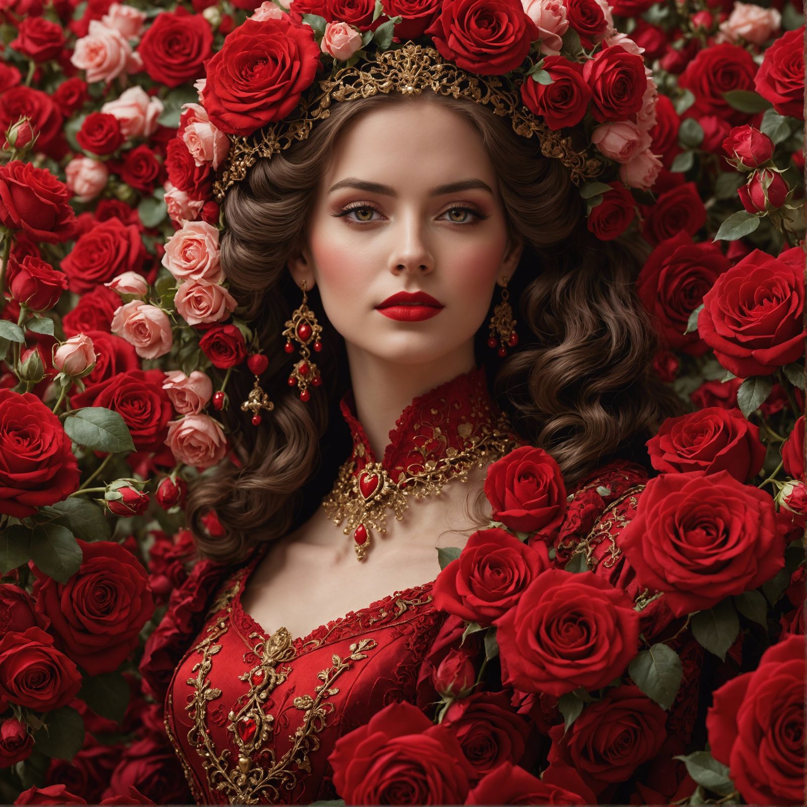 Rococo Woman Surrounded by Roses and Hearts