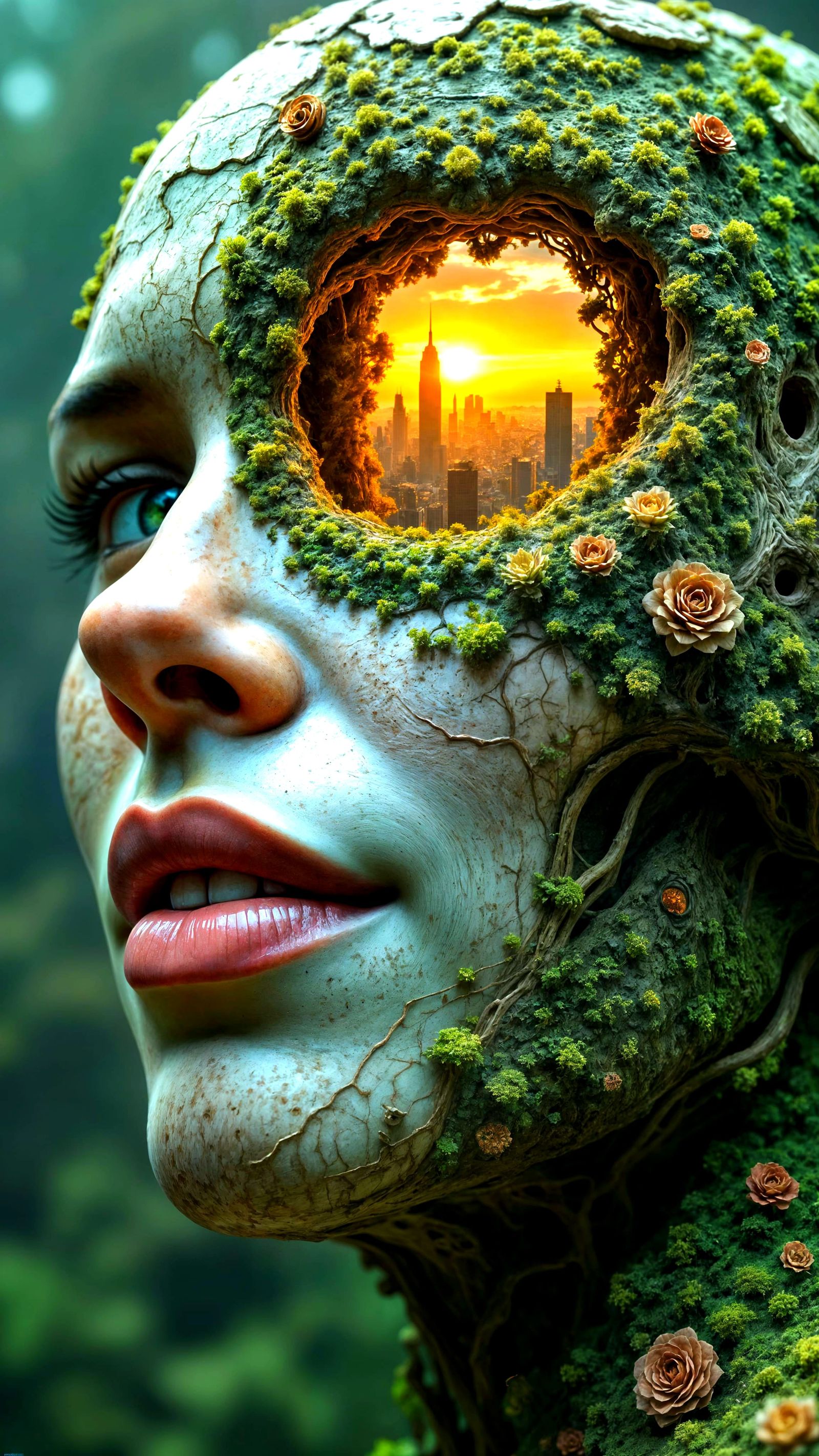 Surreal Dystopian Face Sculpture with Cityscape Interior