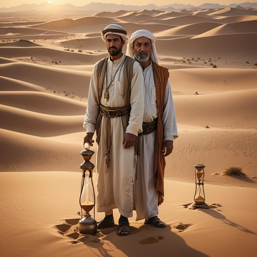 Arab Man and Hourglass in Egyptian Desert