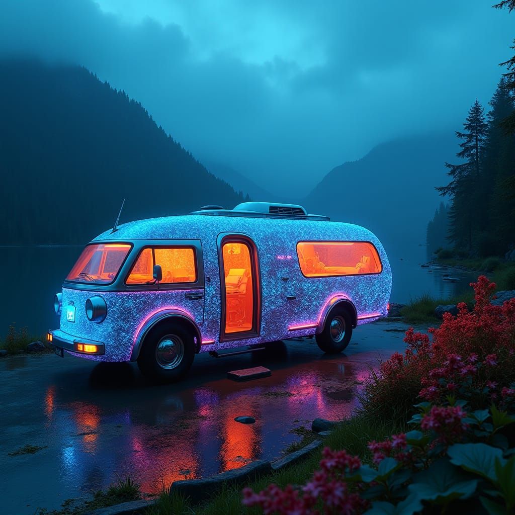Bioluminescent Motorhome at Lakeside: Retro-Futuristic Cyber...