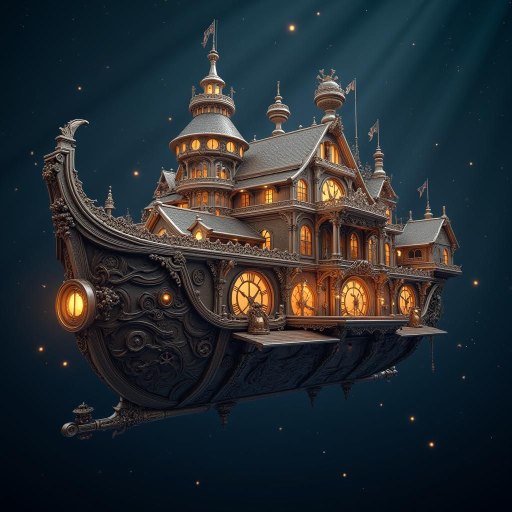 Clockwork Ship Drifting in Starry Space