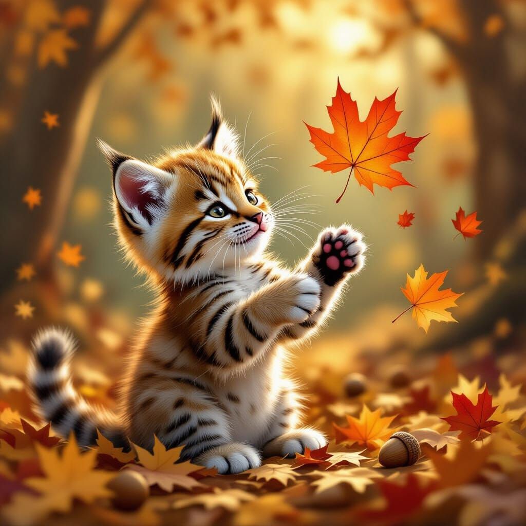 Playful Bobcat Cub Batting Magical Leaf in Sunlit Forest